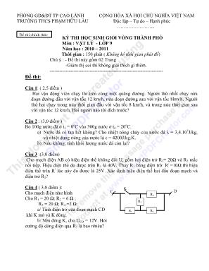 Đề thi chọn học sinh giỏi vòng thành phố môn Vật lý Lớp 9 - Năm học 2010-2011 - Trường THCS Phạm Hữu Lầu (Có đáp án)